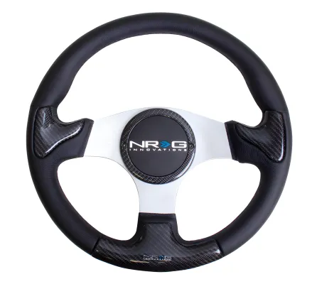 Universal (Leather Rim With Carbon Fiber Grip Accents, Silver Anodized Spokes) (Rubber Horn Button) (350mm Diameter) (1